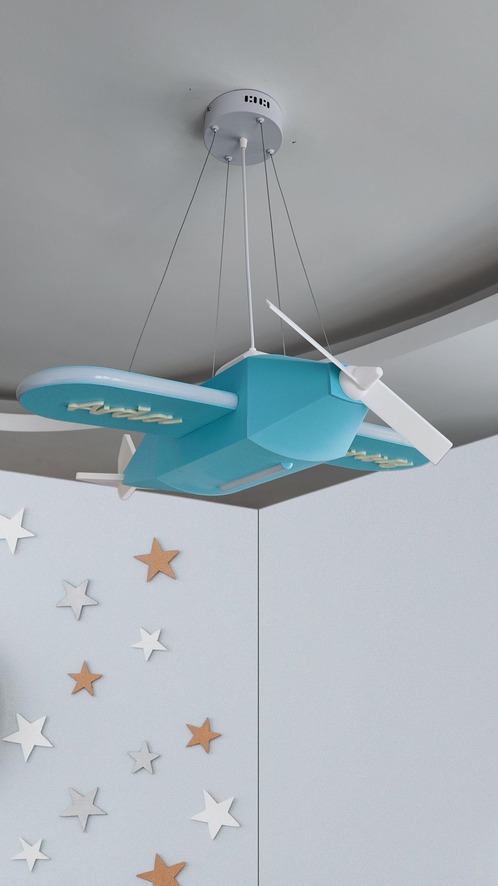 Uçak Temalı Entegre LED Çocuk Odası Sarkıt Avize (70x80 cm, Plastik) – Kişiye Özel Tasarım, El Yapımı Görünüm