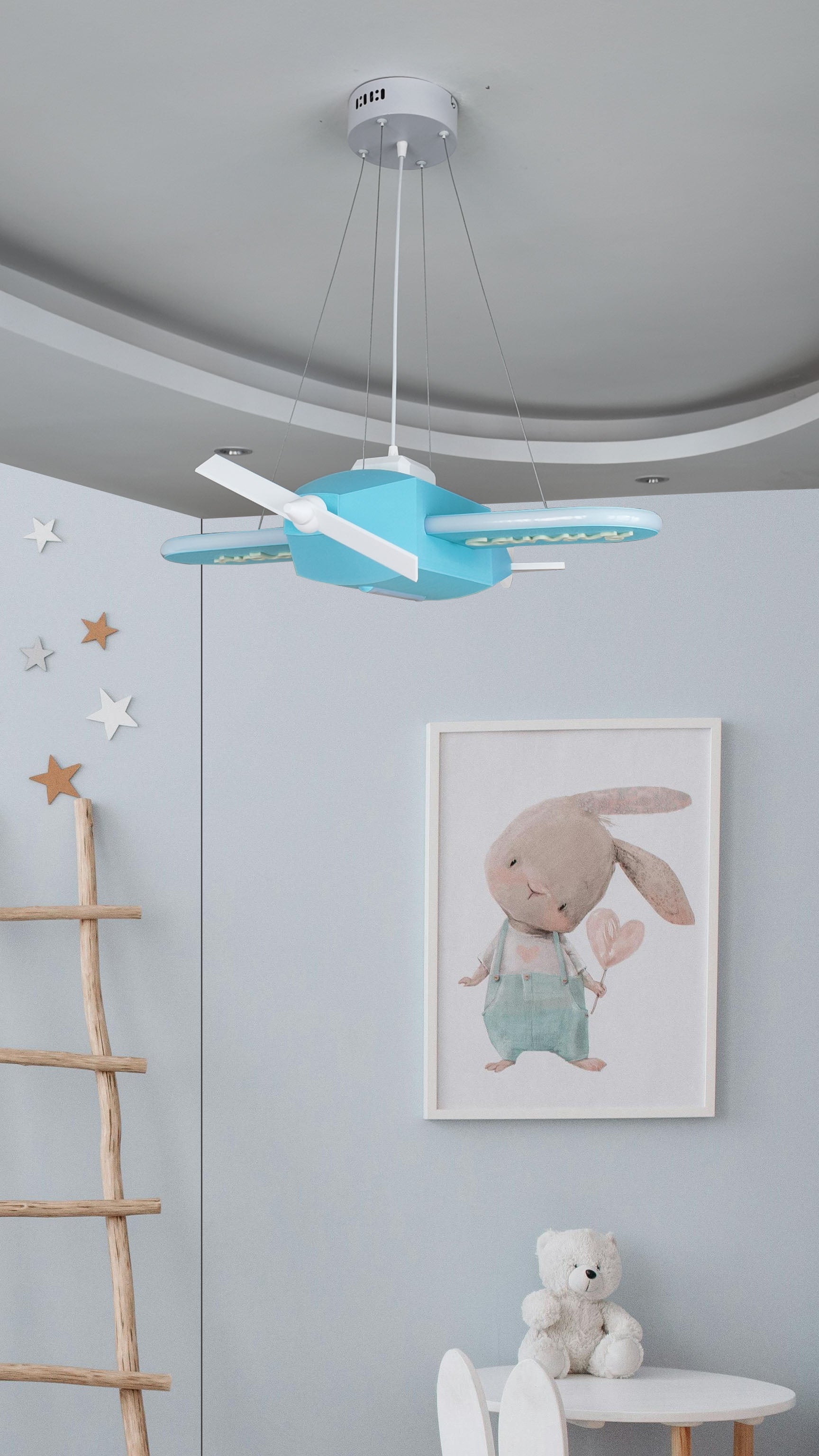 Uçak Temalı Entegre LED Çocuk Odası Sarkıt Avize (70x80 cm, Plastik) – Kişiye Özel Tasarım, El Yapımı Görünüm